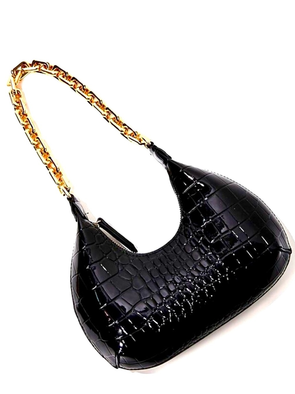Forever 21 Black Croc-Embossed Faux Patent Leather Shoulder Bag Gold Chain NWT